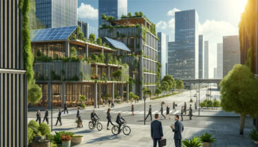 2035 sustainable future for business - green buildings and people streetscape