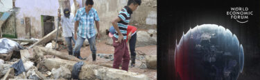 escombros tras un desastre natural y visual futurista del foro económico mundial, reflejando los riesgos de sostenibilidad en américa latina.