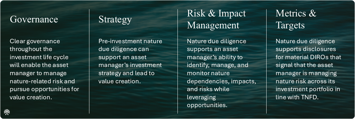 Nature Due Diligence: Identifying Risks and Uncovering Opportunities TNFD's four pillars: governance, strategy, risk & impact management, metrics & targets.